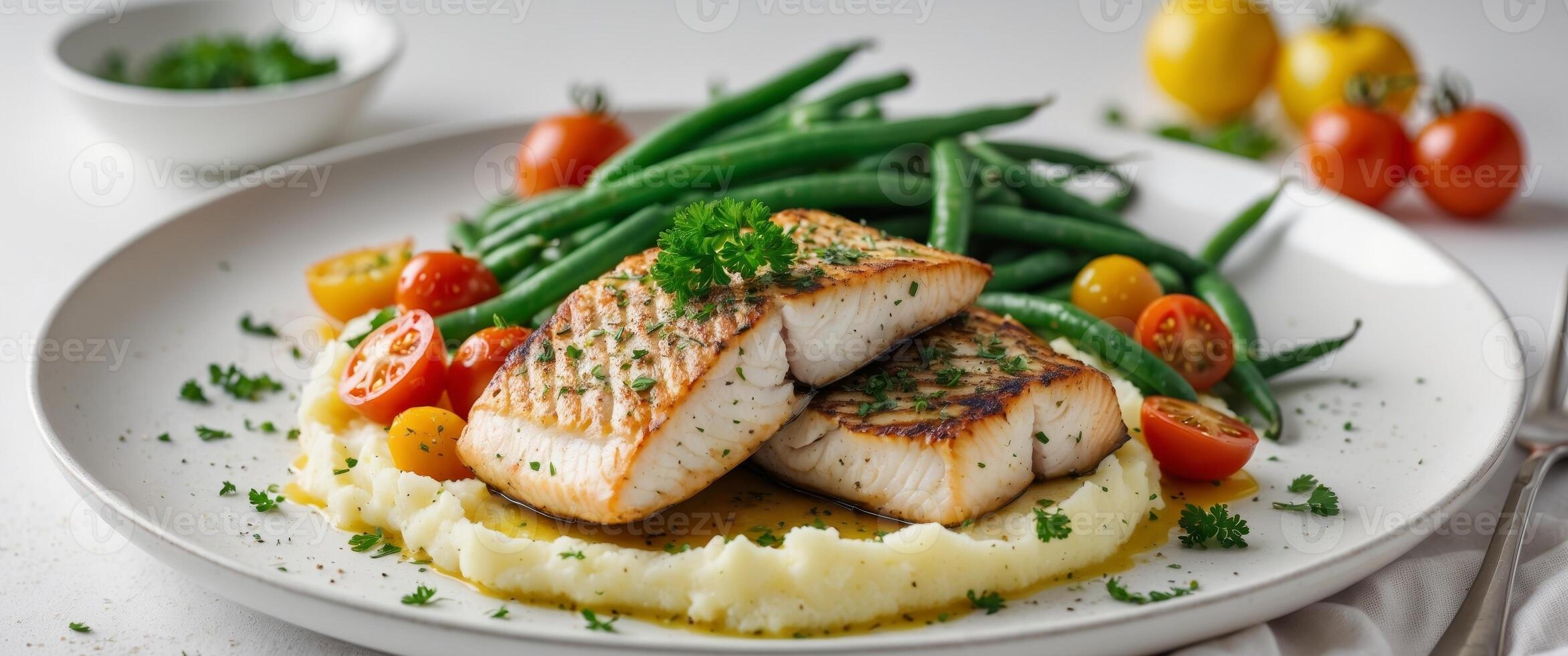Delicious Grilled Fish with Mashed Potatoes and Fresh Vegetables A Culinary Delight photo