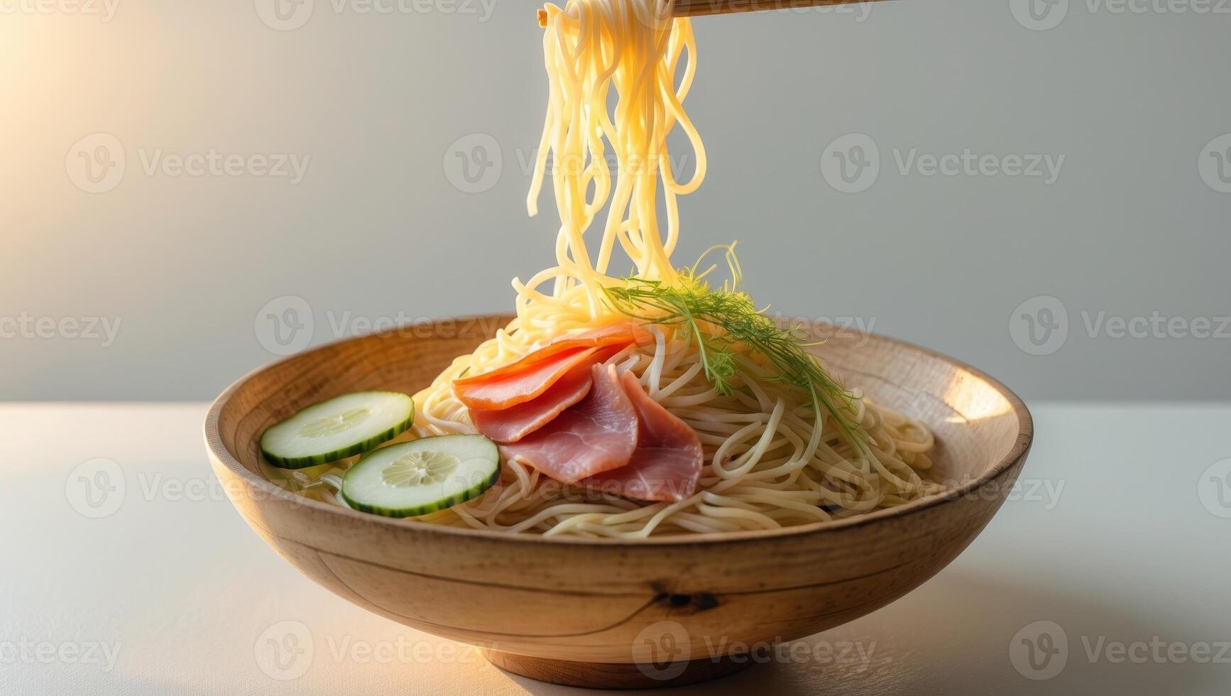 Delicious Noodles with Ham and Cucumber in Wooden Bowl photo