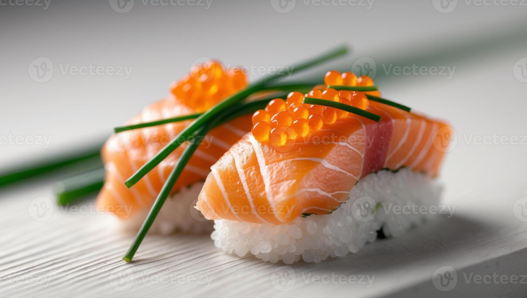 Delicious Salmon Sushi Garnished With Roe And ChivesDelicious Salmon Sushi Garnished With Roe And Chives. photo
