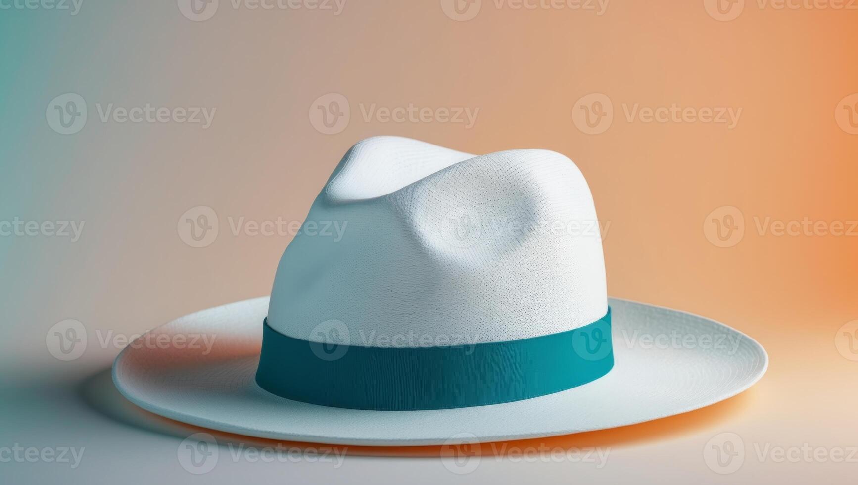 Elegant White Fedora Hat with Teal Band on Orange BackgroundElegant White Fedora Hat with Teal Band on Orange Background. photo