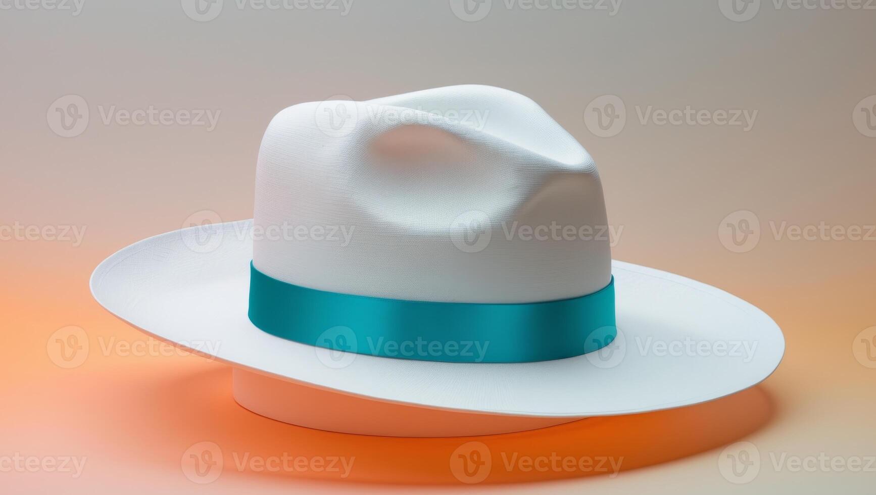 White hat with turquoise ribbon on orange background photo