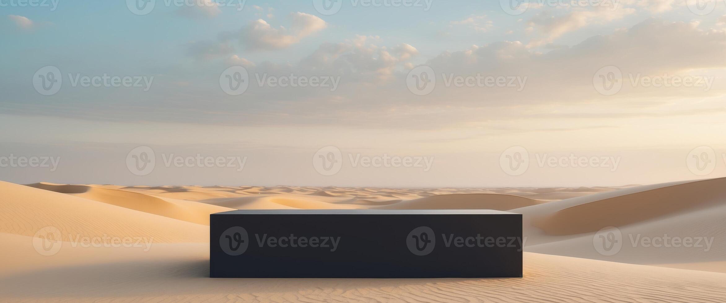 empty black podium on desert dunes background mockup design and product presentation concept landscape view for poster banner card template photo