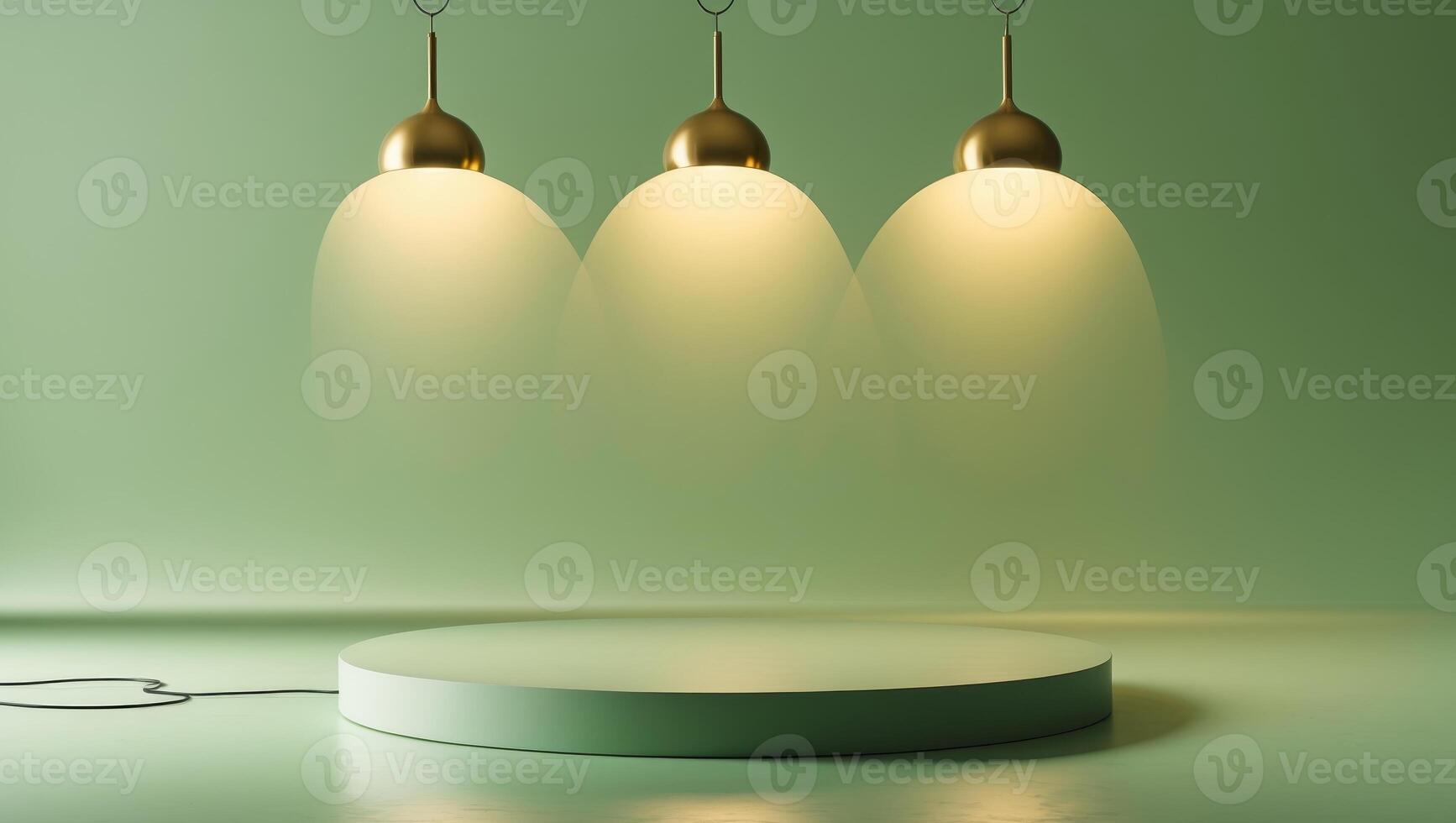 Empty round podium illuminated by hanging golden lamps on a green background photo