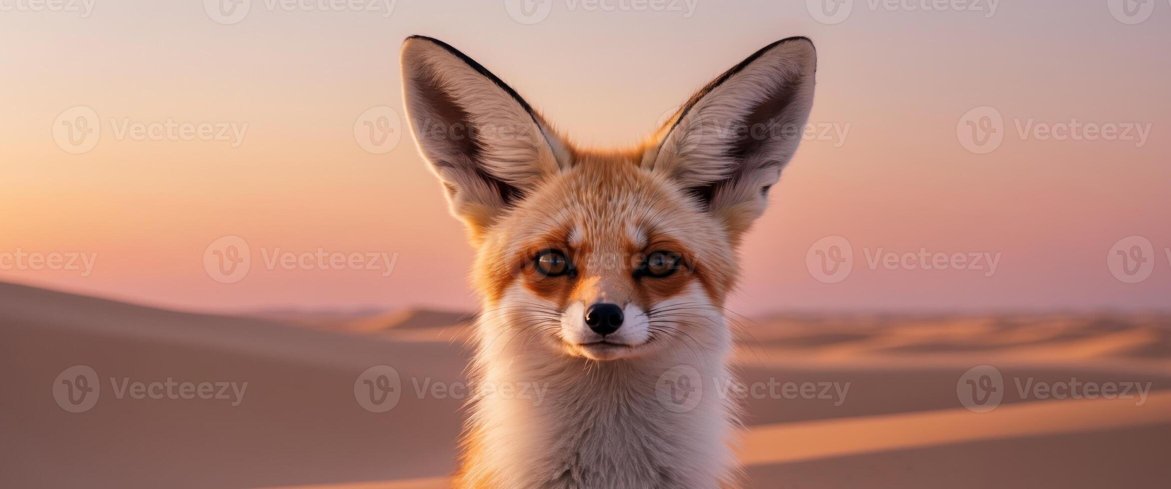 Fennec fox in desert at sunset with prominent ears photo