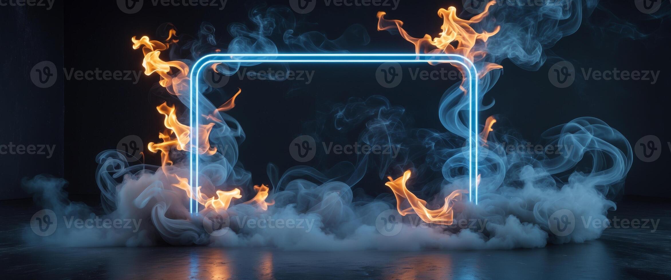 Fiery Neon Frame Surrounded by Smoke and Flames in Dramatic Lighting photo
