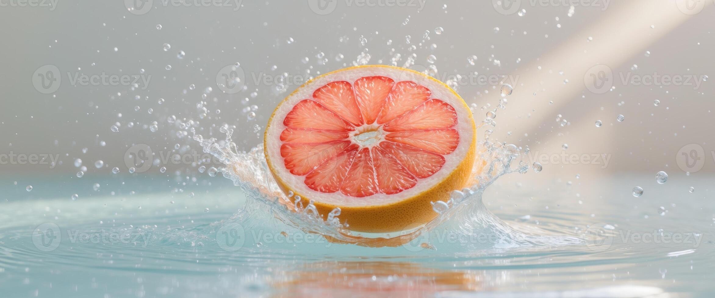 Fresh Grapefruit Slice Splashing into Clear Water with BubblesFresh Grapefruit Slice Splashing into Clear Water with Bubbles. photo