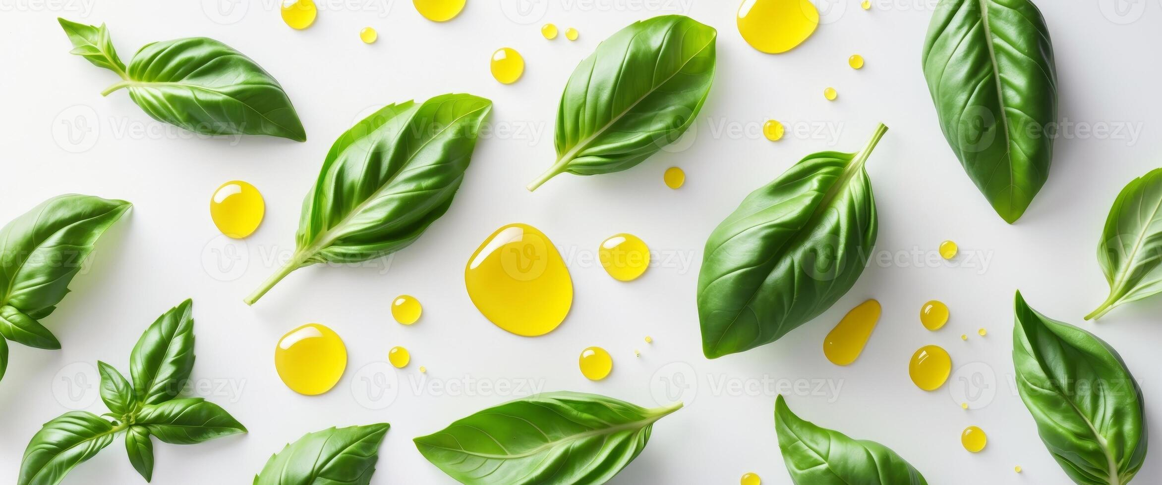 Fresh basil leaves and herbal oil arranged in a vibrant flat lay for culinary inspiration photo