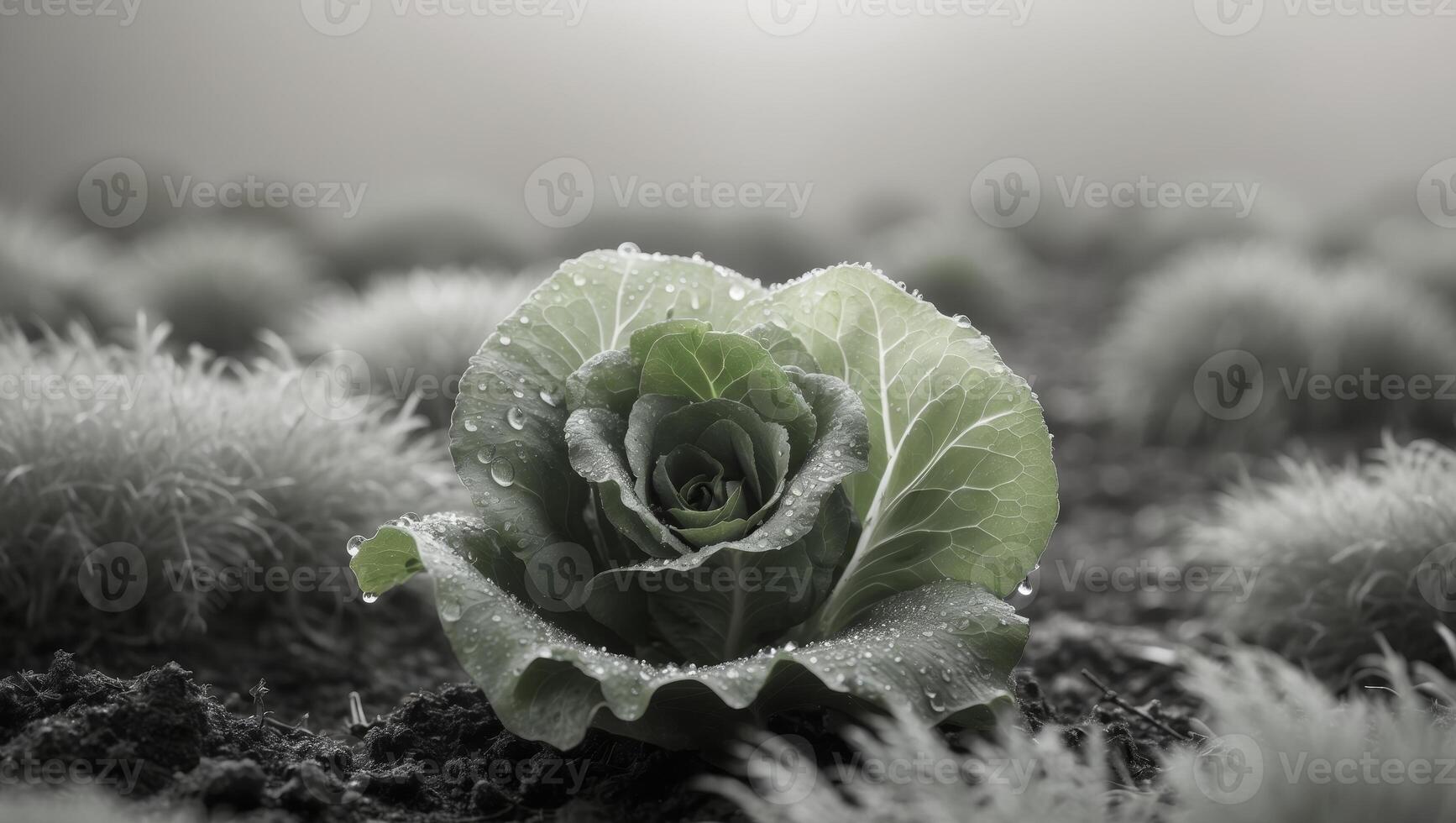 Fresh Green Lettuce Leaf with Dew on Organic Garden Bed photo