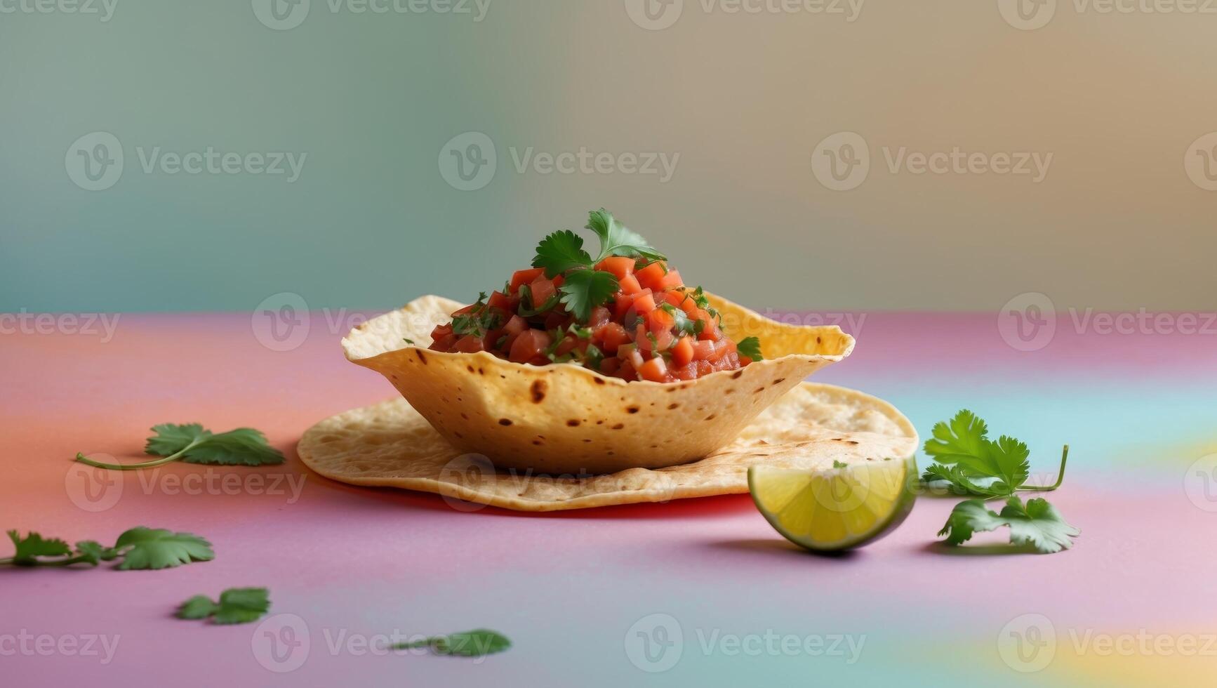 Fresh Salsa in a Tortilla on a Colorful Table Setting photo