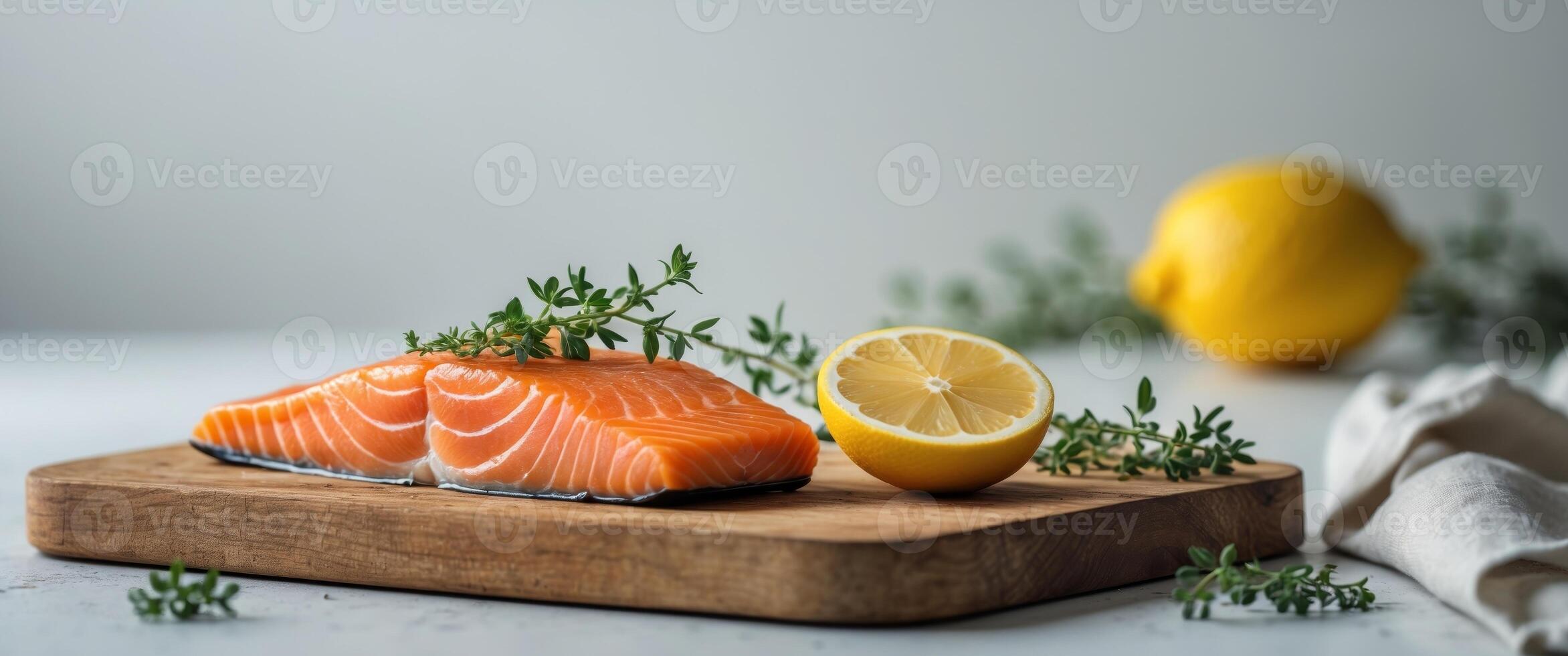 Fresh Salmon Fillet on Wooden Cutting Board with Lemon and Thyme Garnish photo