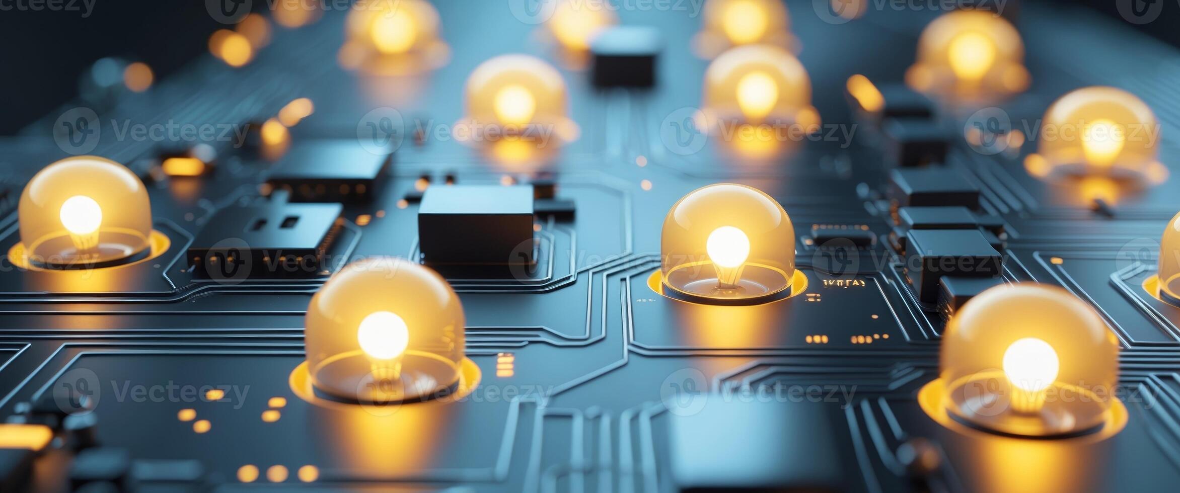 Glowing light bulbs on a circuit board representing innovation and technology photo