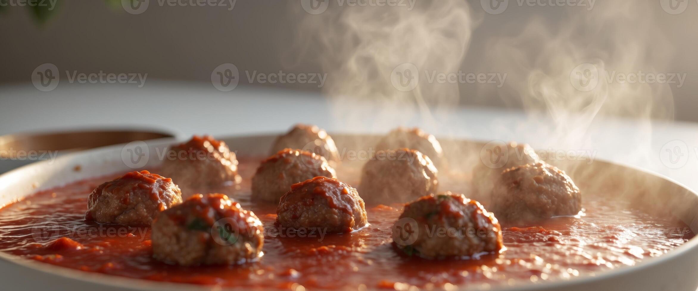 Meatballs Simmering in Red Sauce with Steam and Warm Glow in KitchenMeatballs Simmering in Red Sauce with Steam and Warm Glow in Kitchen. photo