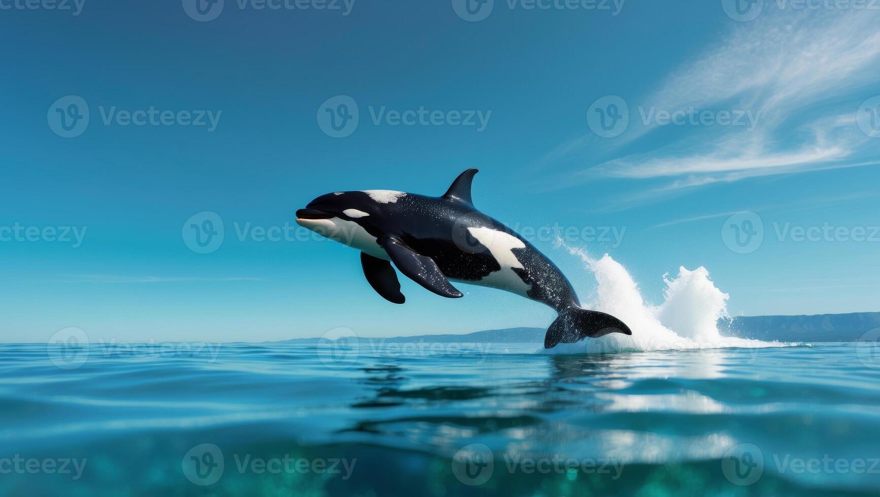 Orca Leaping Out of the Water Under a Bright Sky photo