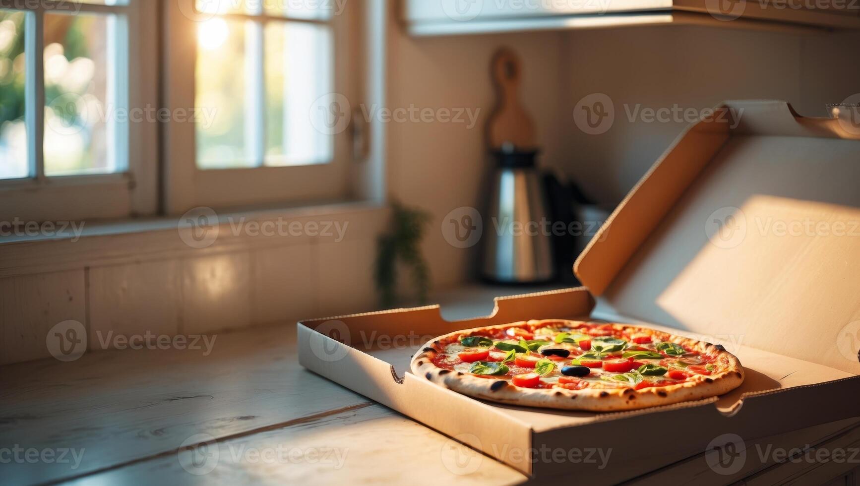 Open pizza box displaying fresh pizza on kitchen counter with natural light photo