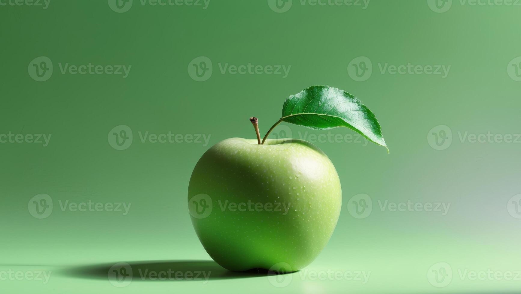 Ripe green apple with a fresh leaf on a vibrant green background symbolizing nature and health with space for promotional text photo