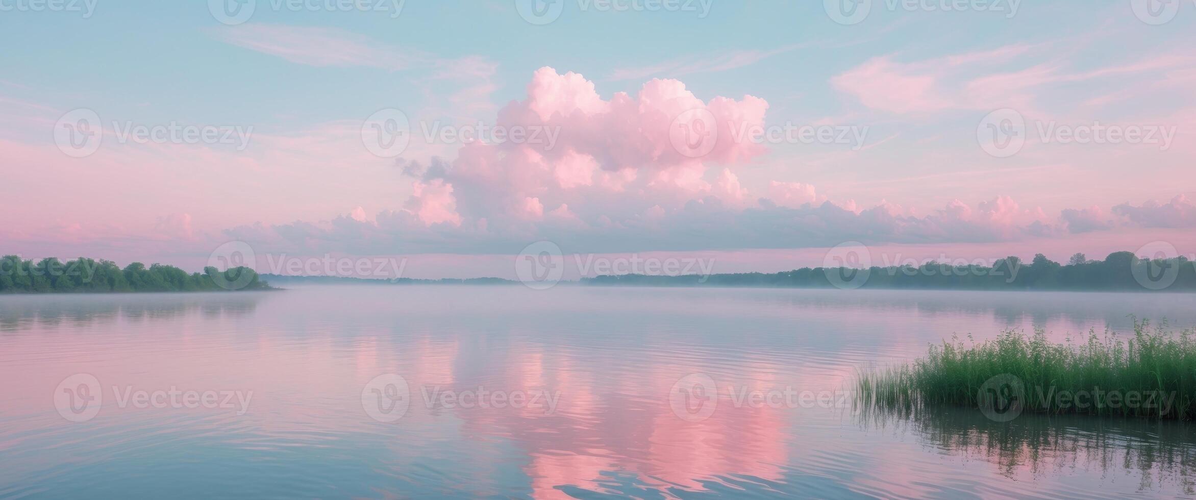 A beautiful pink sky with clouds over a lake photo