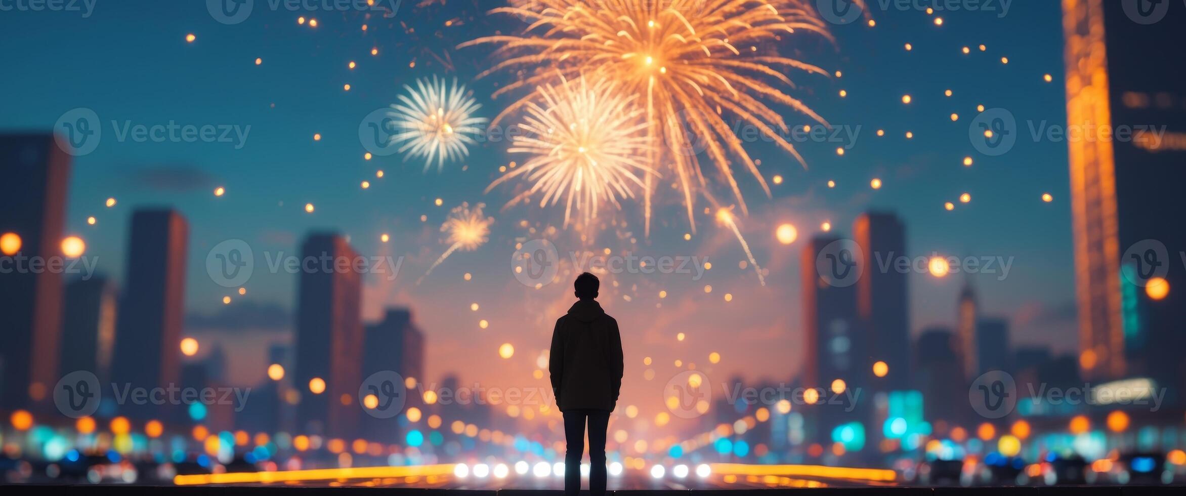 A man standing in front of a city with fireworks in the background photo