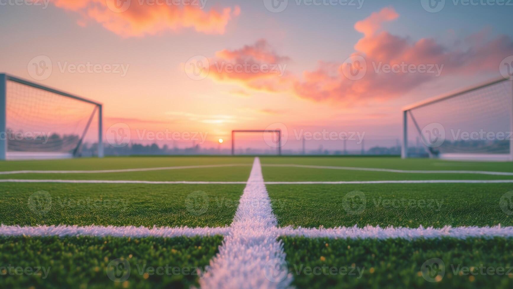 Sunset view of a green artificial turf soccer field photo