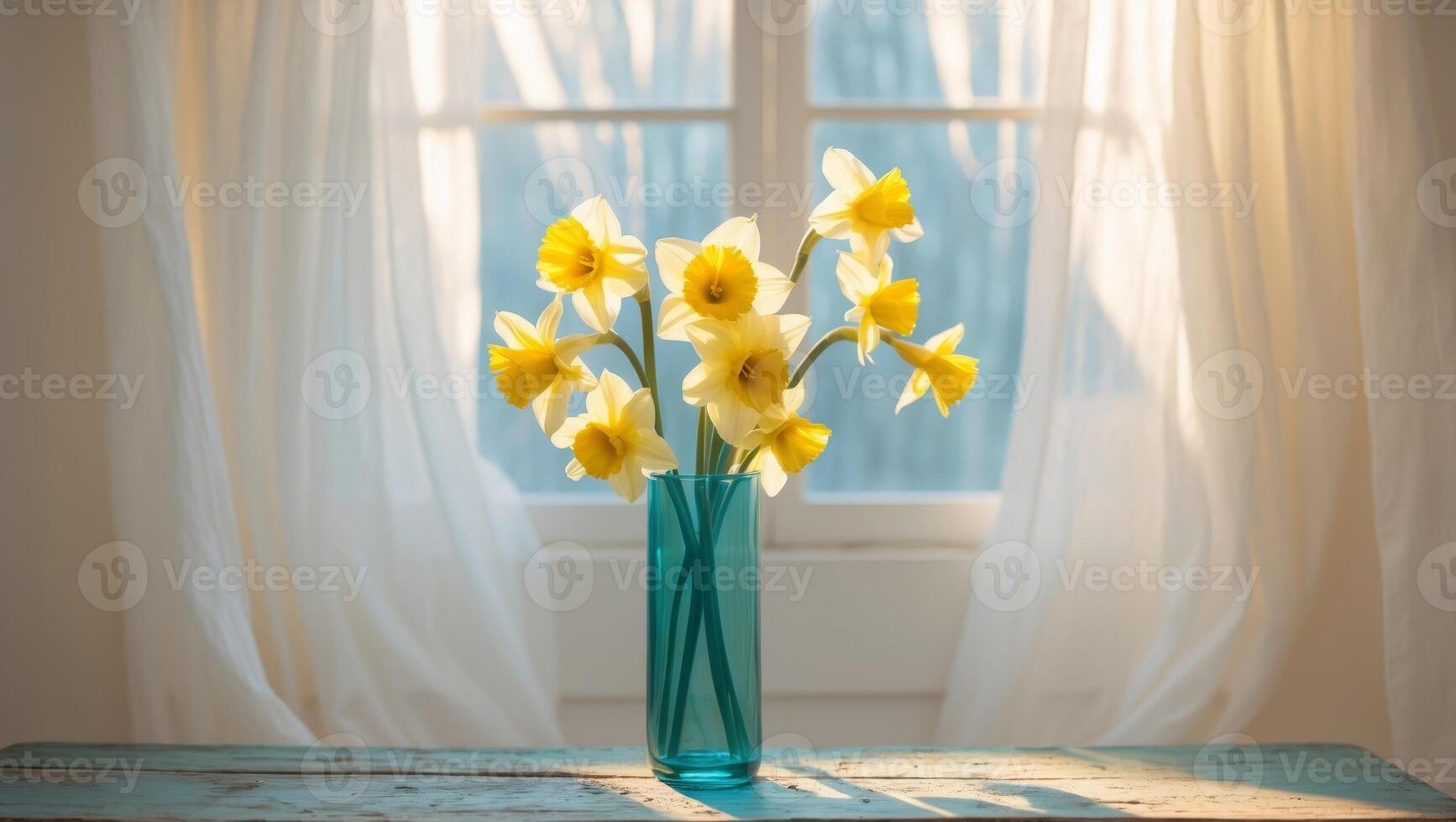 Sunlit yellow flowers in a teal glass vase on a wooden table near a window photo