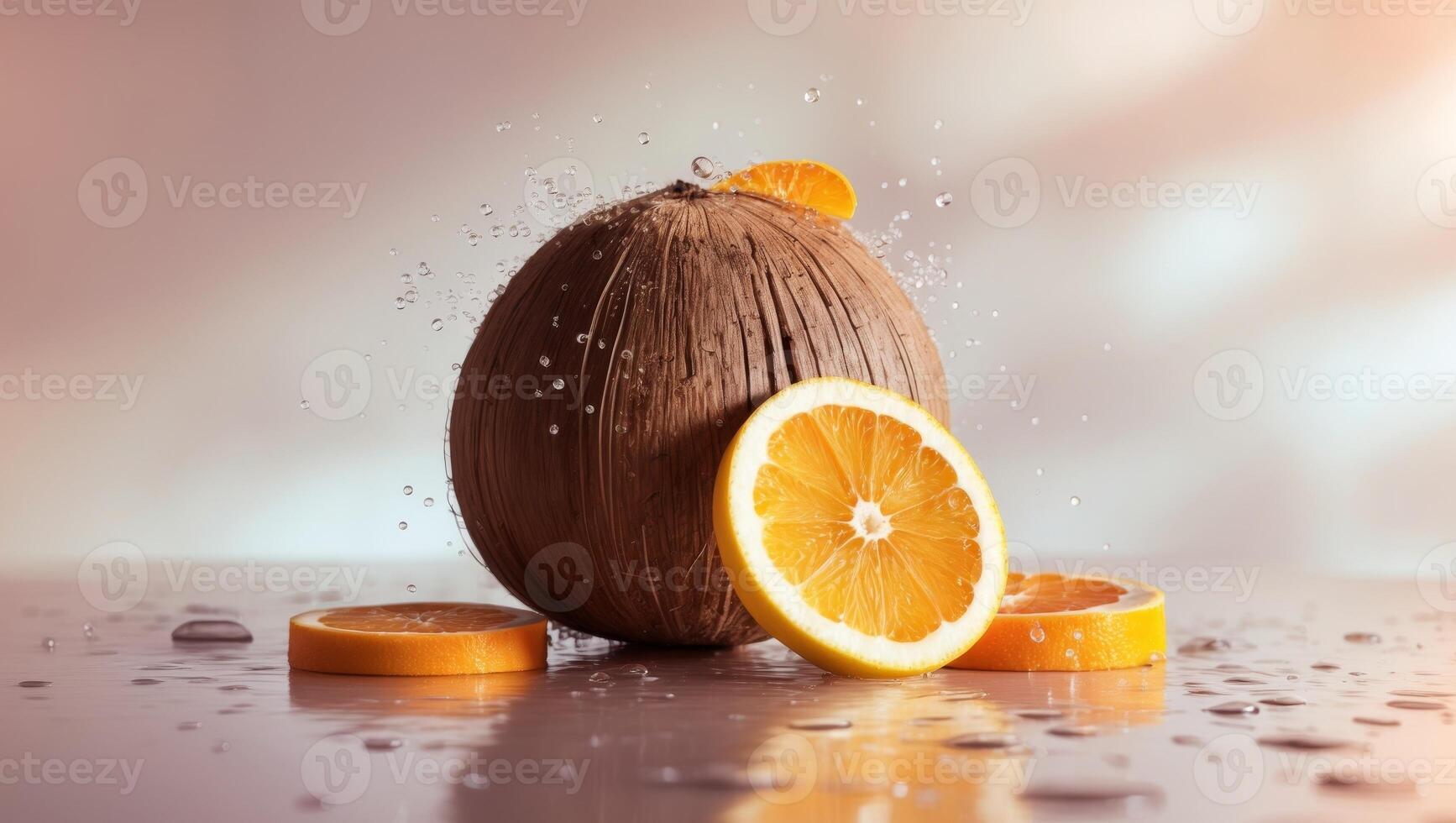 An orange slice and coconut are on a table photo