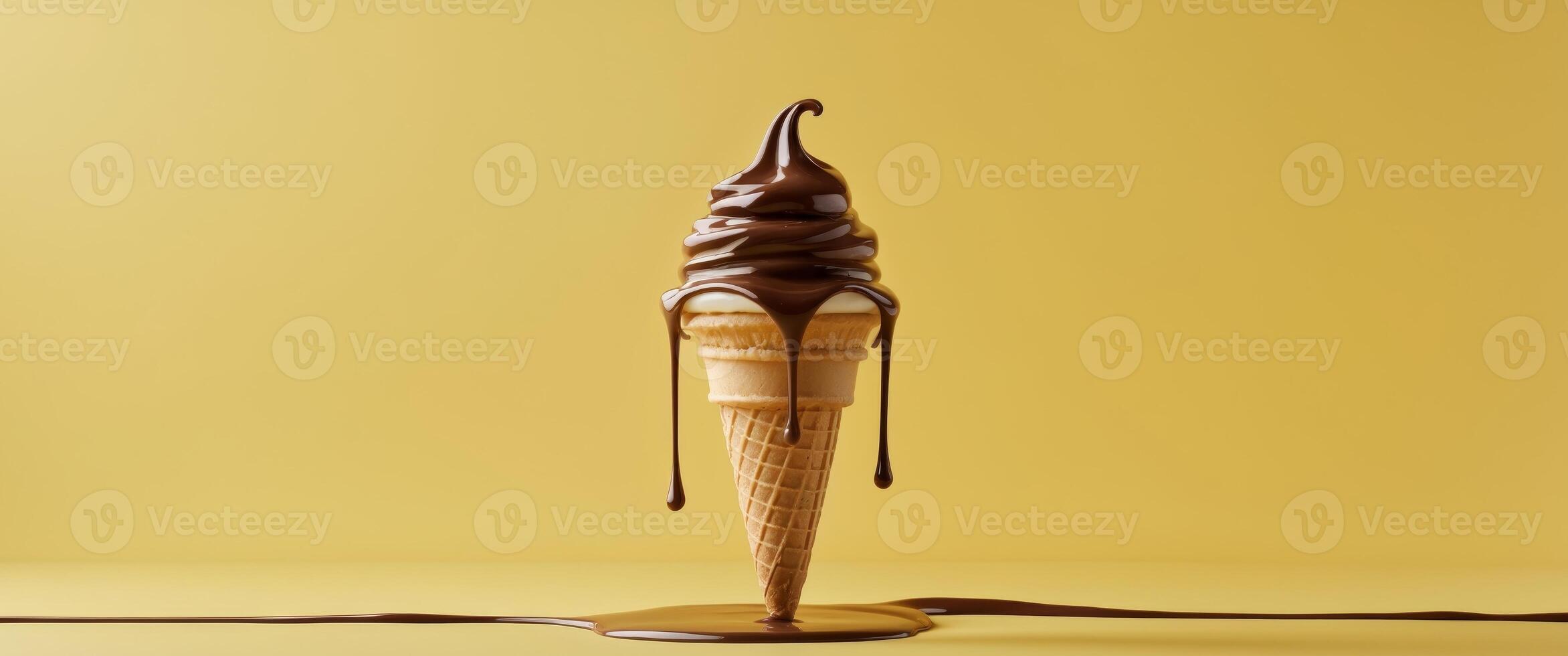 An ice cream cone with chocolate drips on a yellow background photo