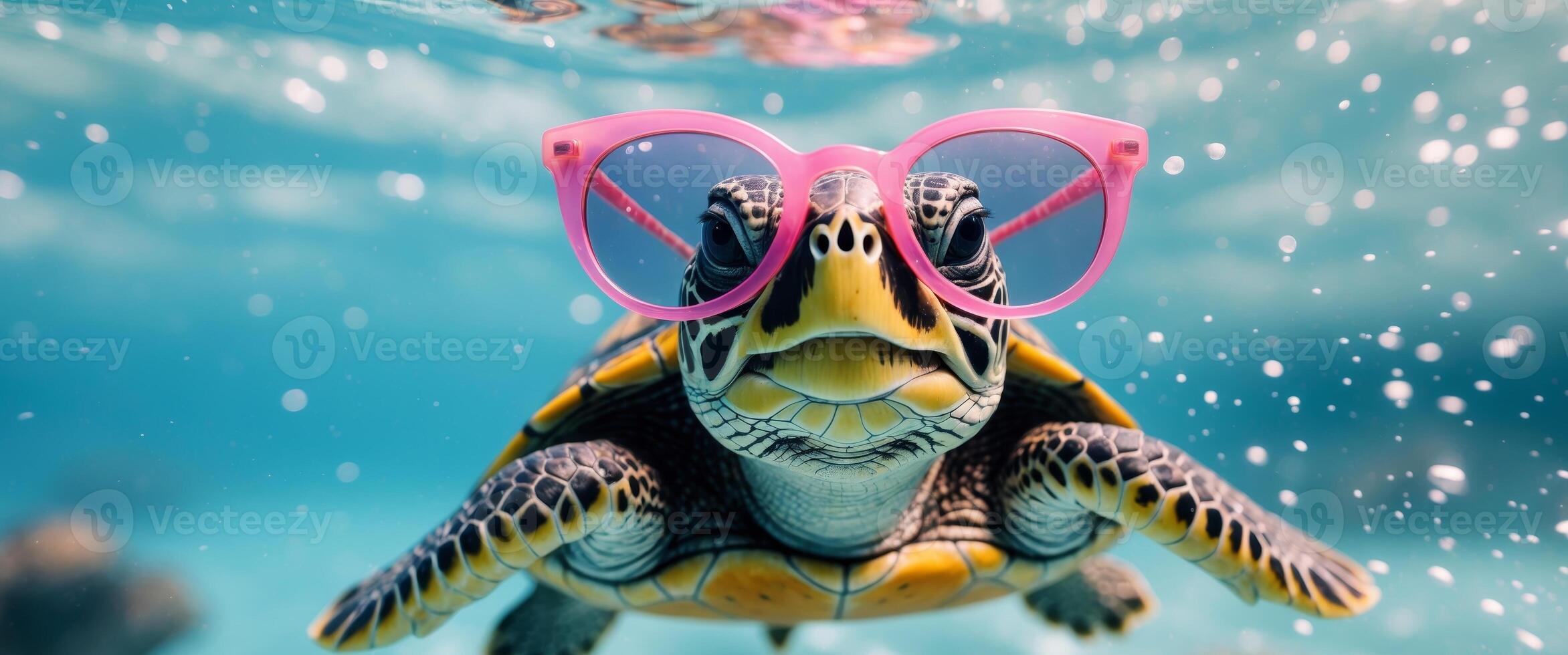 underwater turtle wearing pink sunglasses swims gracefully in clear blue water photo