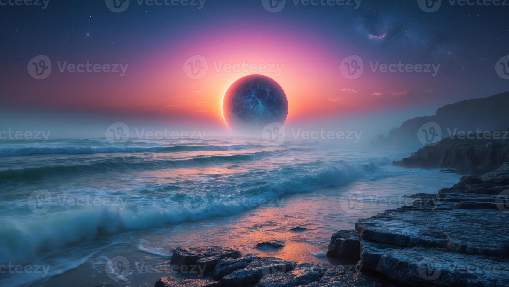 Vibrant Cosmic Sunset Over Rocky Shoreline With Large Planet in Background photo