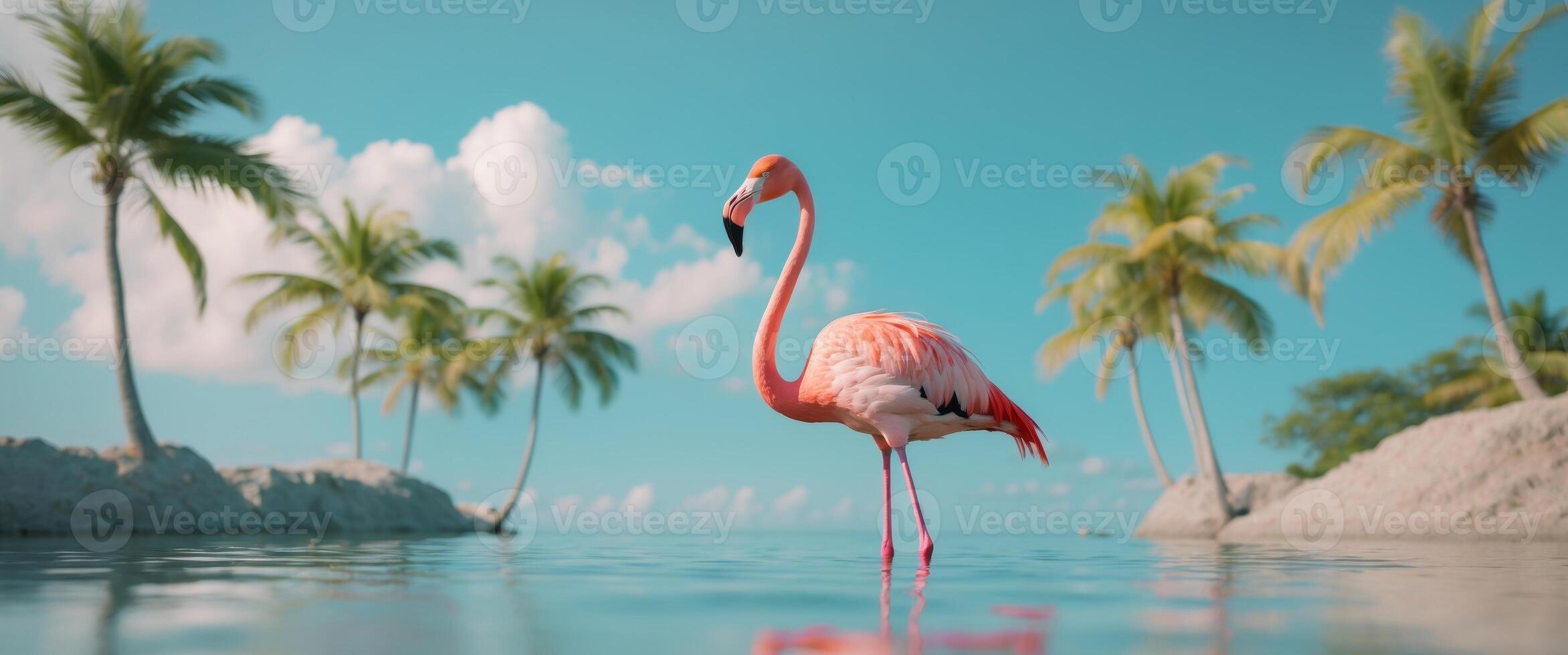 Vibrant flamingo by tropical lagoon with palm trees in serene setting photo