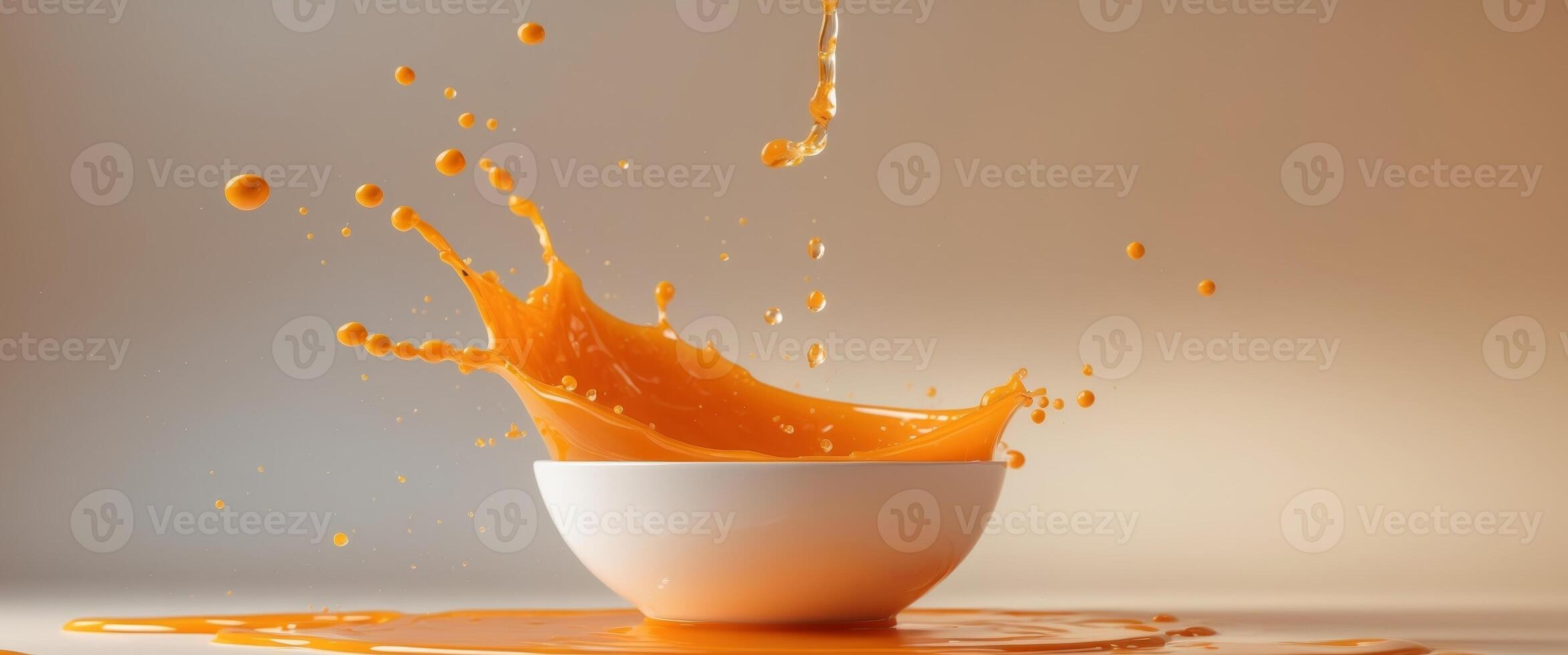 Vibrant Orange Liquid Splashing in a Bowl with Warm BackgroundVibrant Orange Liquid Splashing in a Bowl with Warm Background. photo