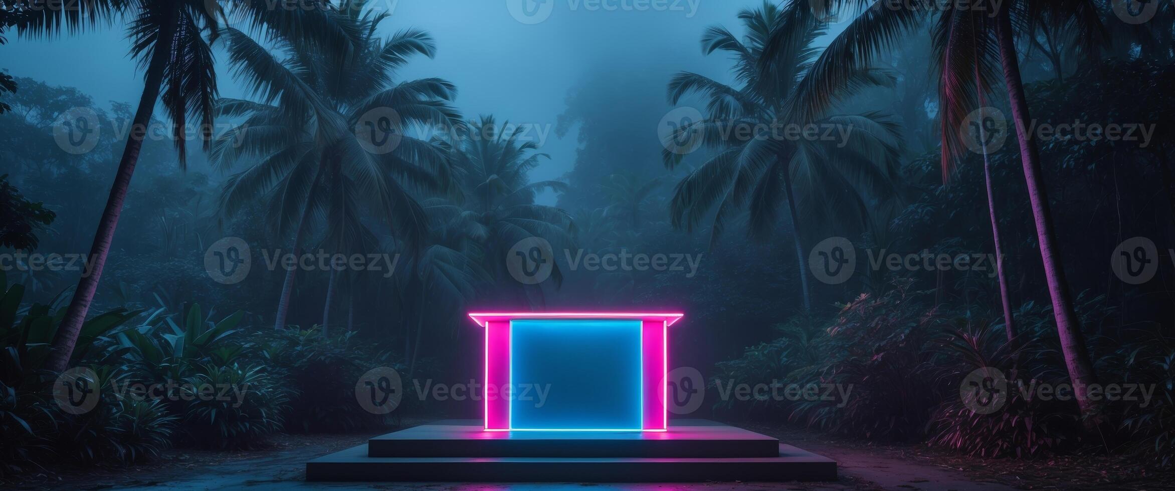 Vibrant neon podium shining in tropical jungle at night photo