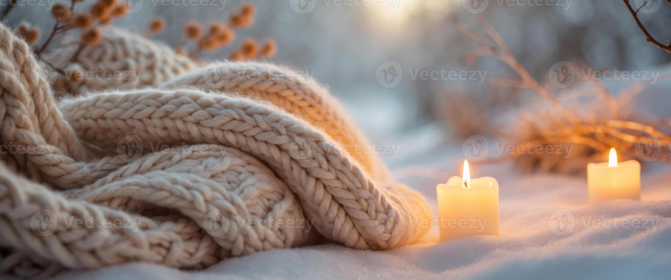 Warm Winter Glow with Cozy Knits and Candlelight in Natural Light Setting photo