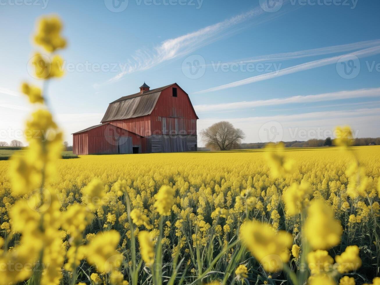 Red Barn in Vibrant Yellow Rapeseed Field Sunny Day photo