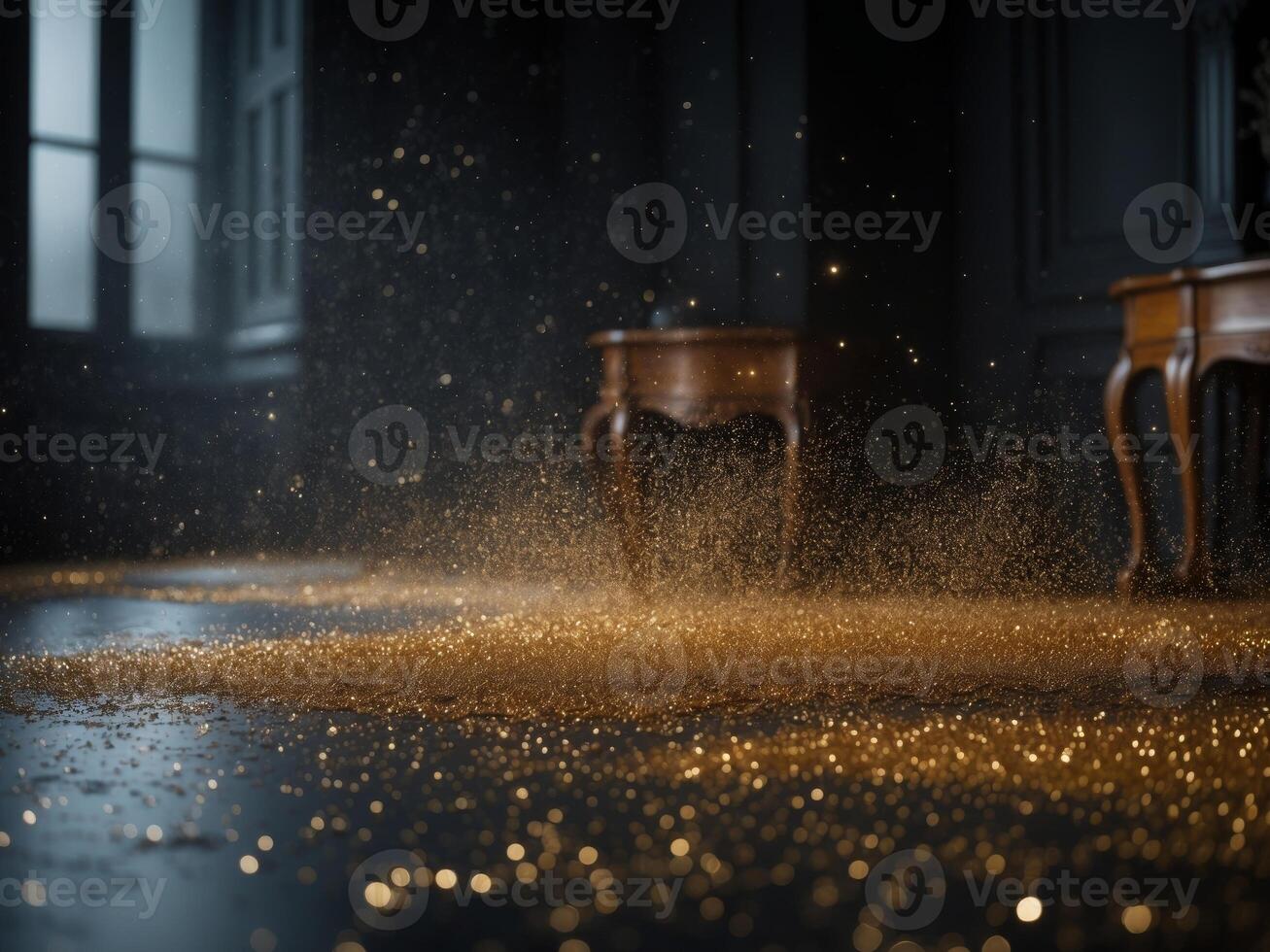 Glittering gold dust scattered across a darkened roomGlittering gold dust scattered across a darkened room. photo