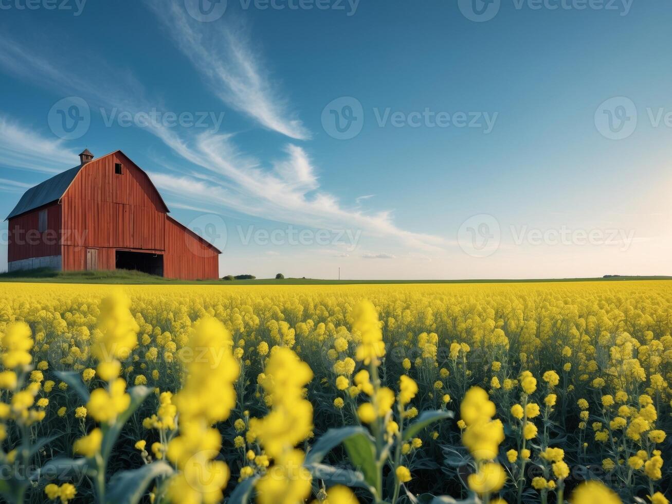 Red Barn in Vibrant Yellow Rapeseed Field Sunny DayRed Barn in Vibrant Yellow Rapeseed Field Sunny Day. photo