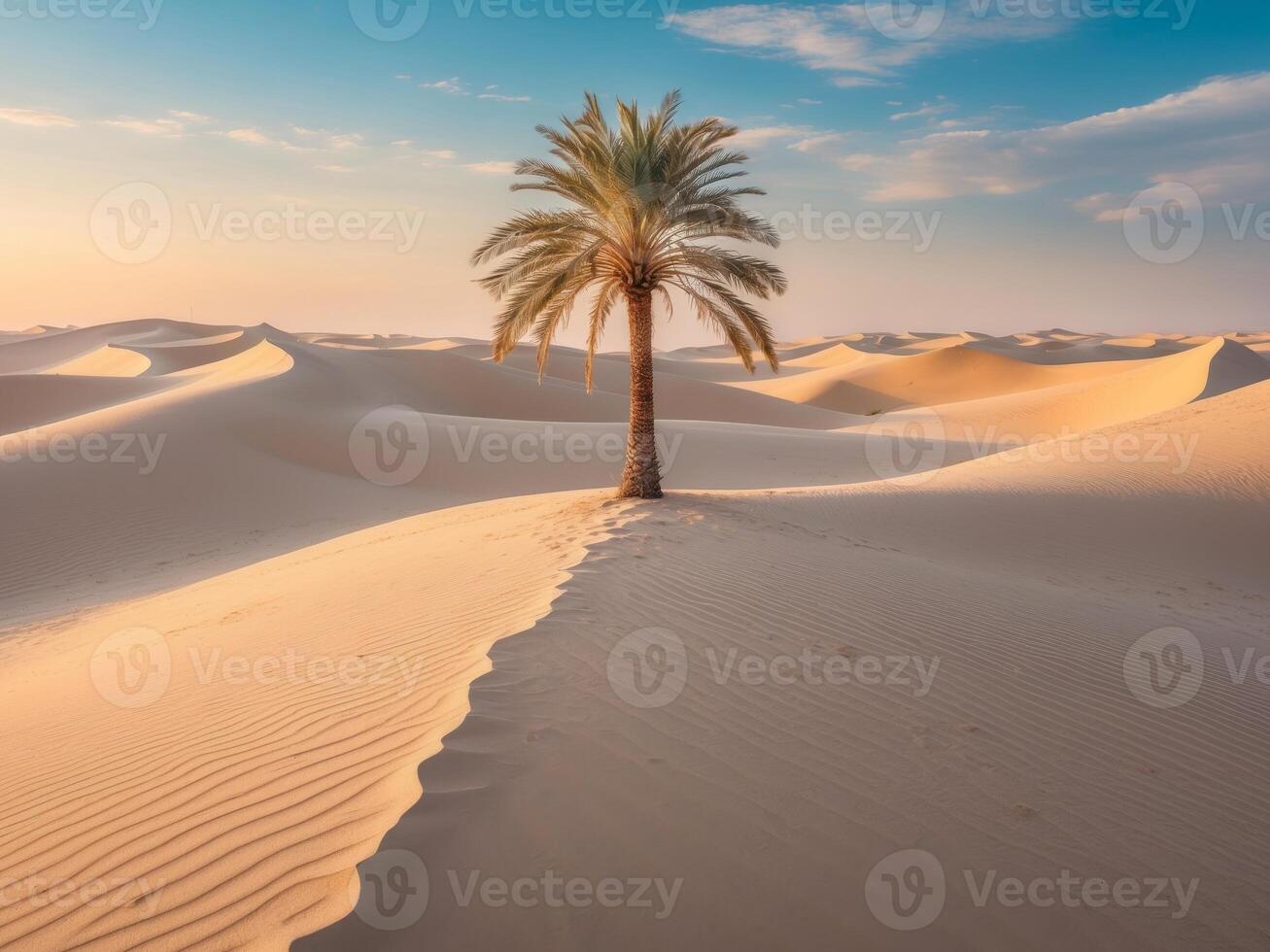 Solitary Palm Tree Standing Tall in Vast Desert Oasis with Rippling Sand Dunes photo
