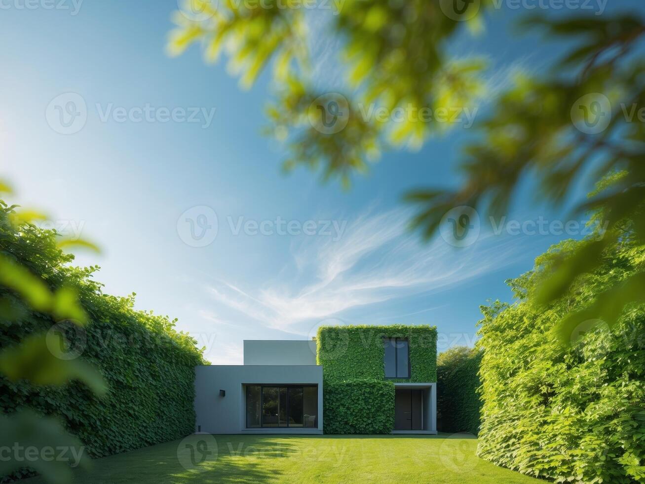 a house covered in green plants on a sunny day photo