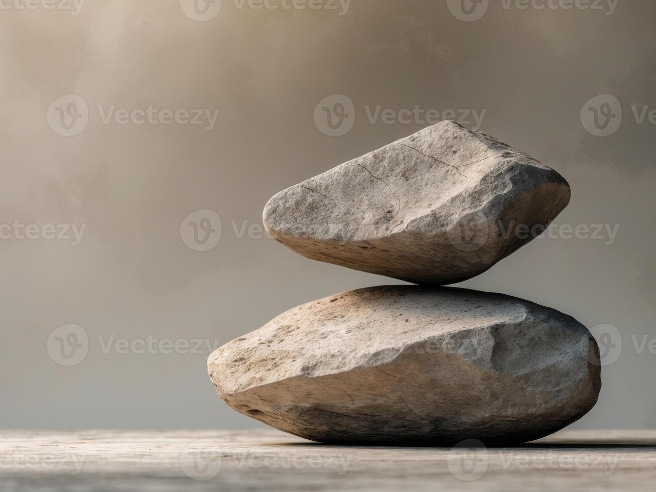 Two large rocks are stacked on top of each other photo
