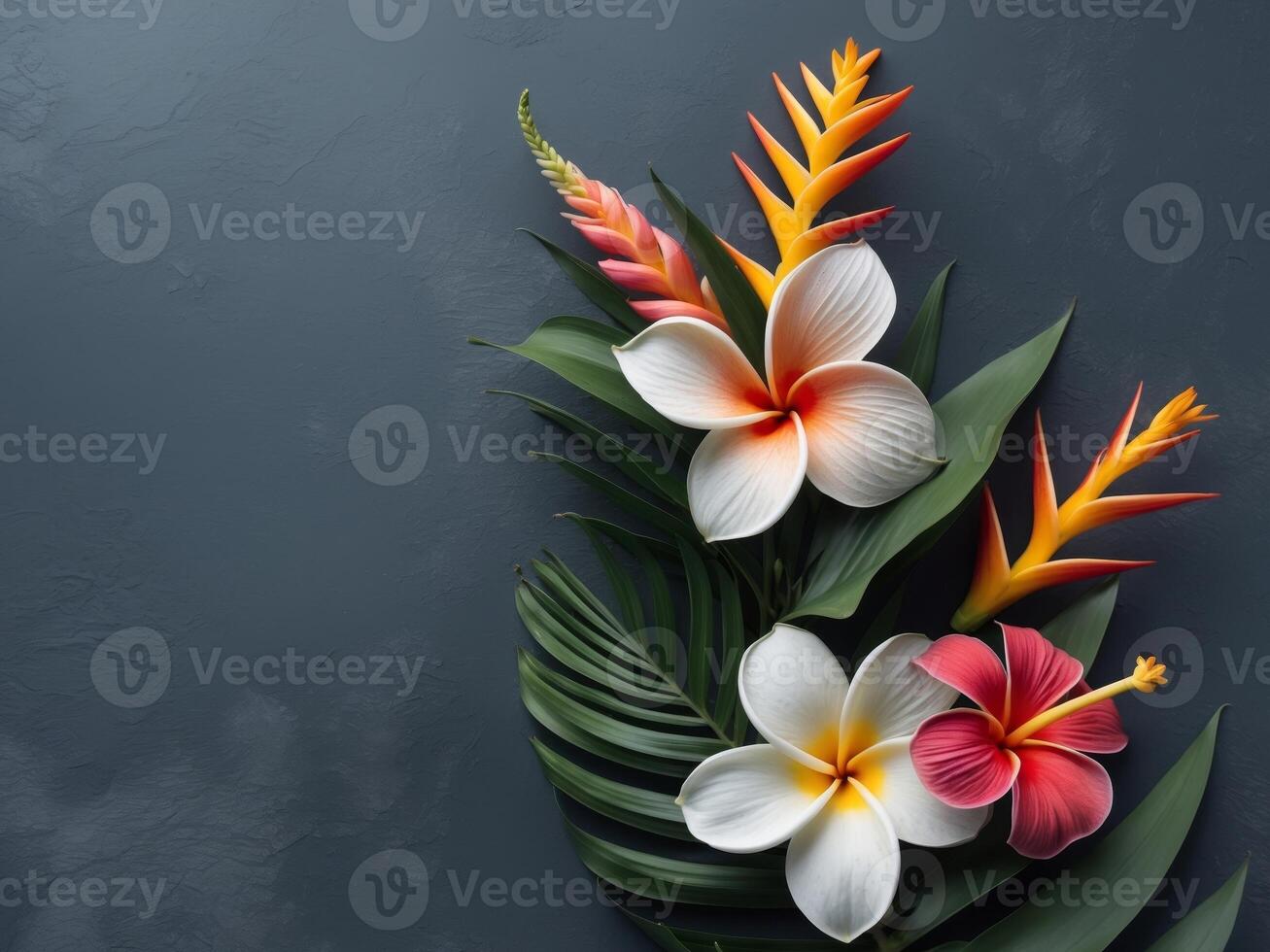 Colorful Tropical Flowers on Dark Slate Background for Creative Projects and Designs photo