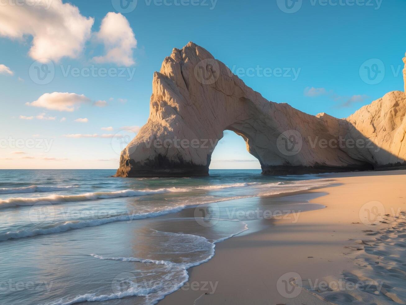 a beach with a large rock arch on the shorea beach with a large rock arch on the shore. photo