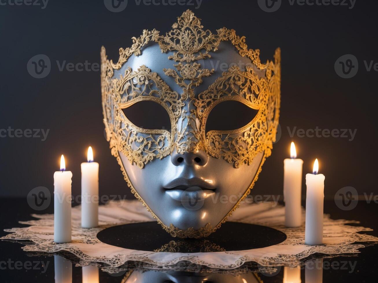 Ornate Venetian mask surrounded by candles on a reflective surface photo