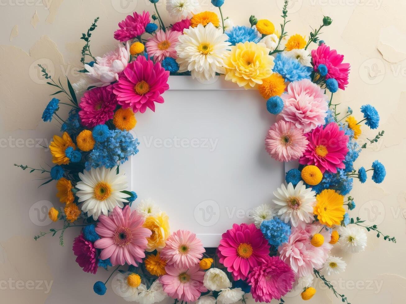Colorful Floral Frame with Bright Flowers Surrounding a Blank Space for Text photo