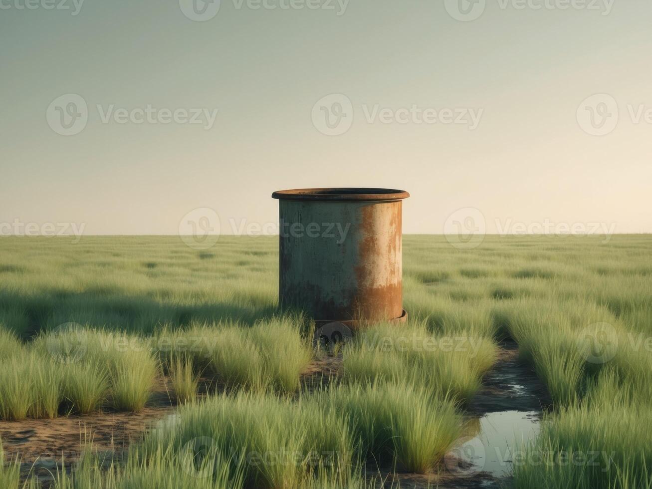 Lonely well in the middle of a field with a bucket photo