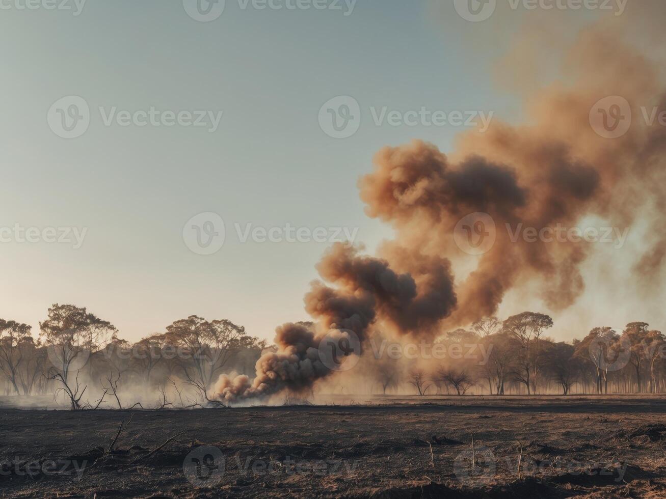 Burnt Field Landscape with Smoke and Tree LineBurnt Field Landscape with Smoke and Tree Line. photo
