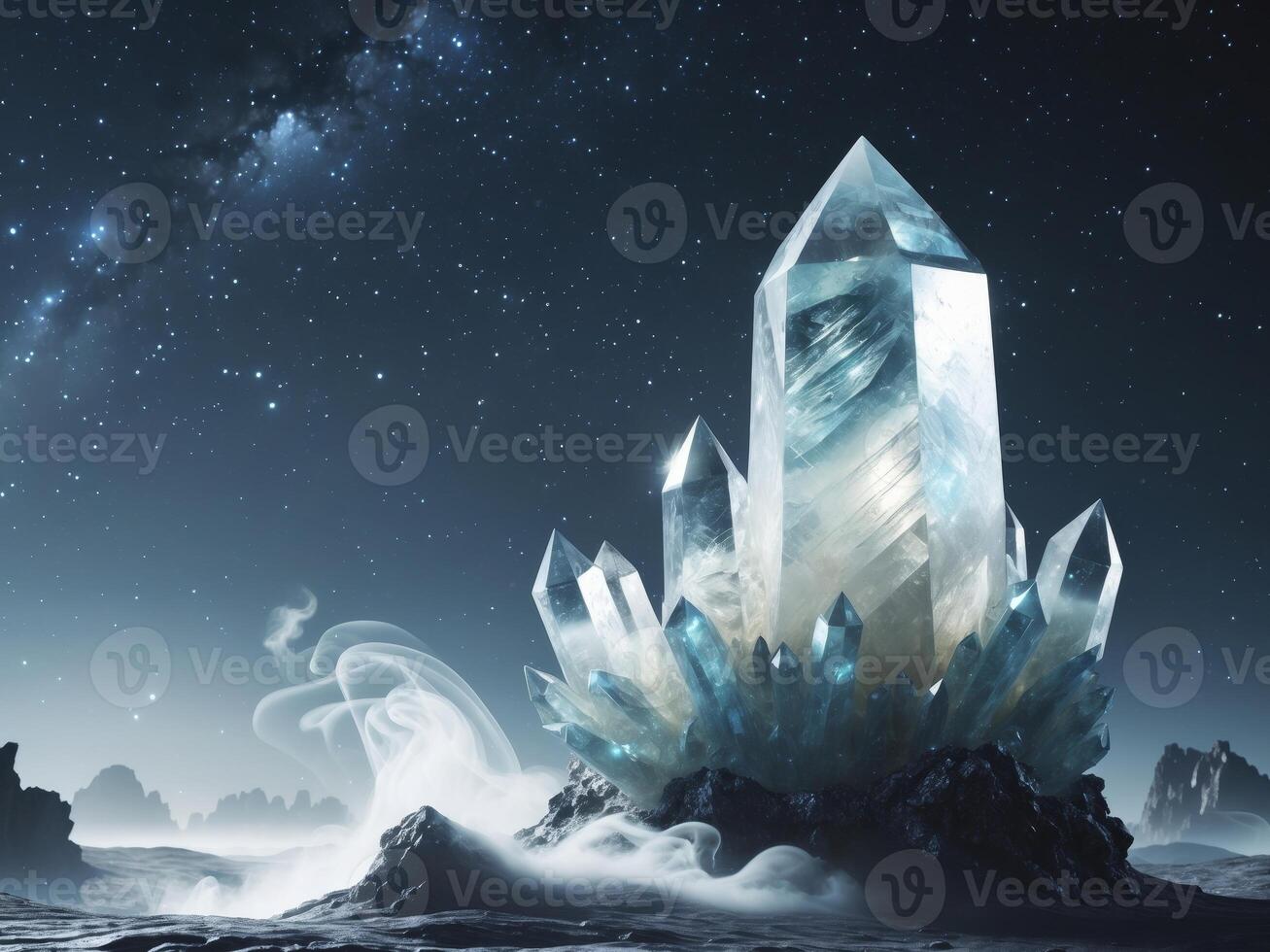 Majestic Crystal Formations on an Alien Planet Under a Starry Sky photo