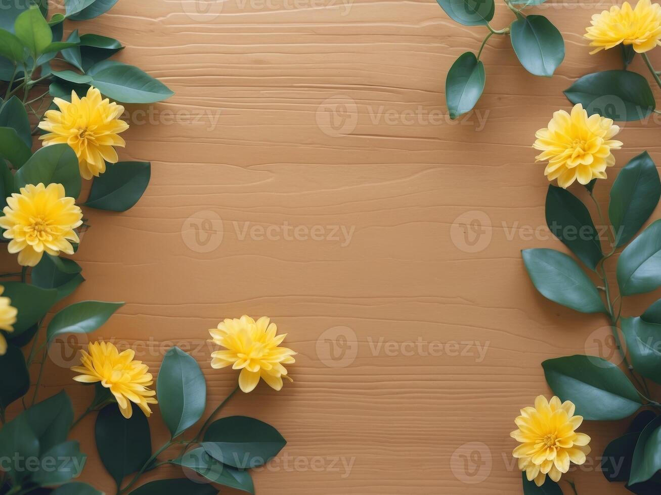Wooden Background with Bright Yellow Flowers and Green Leaves Decorative Top View photo