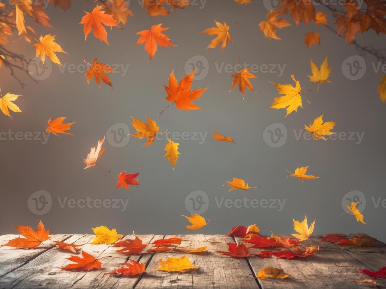 Scene featuring autumn leaves scattering across a rustic wooden table photo