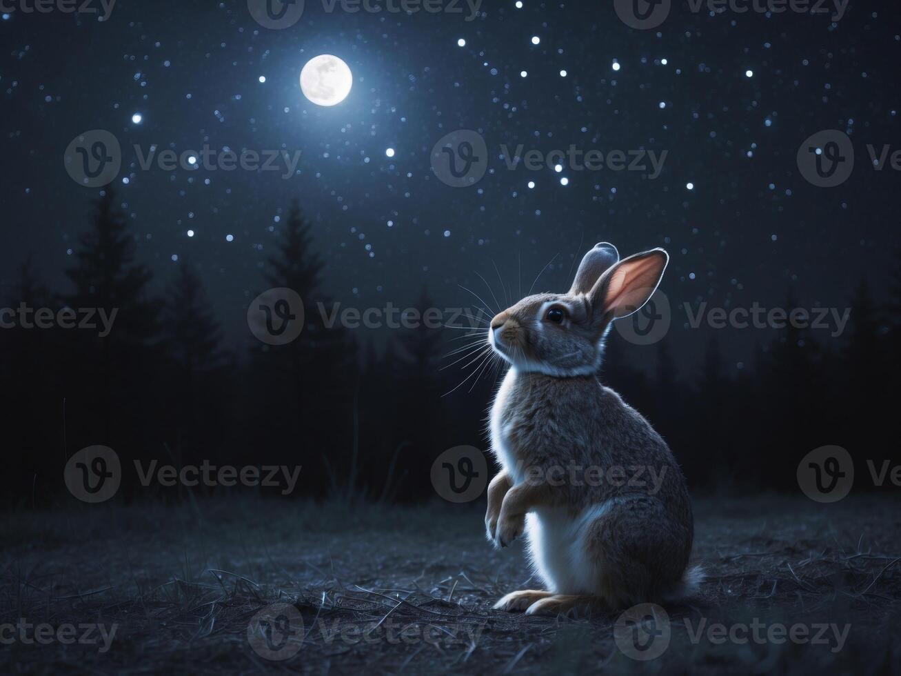Wild rabbit gazing upwards in the dark night photo