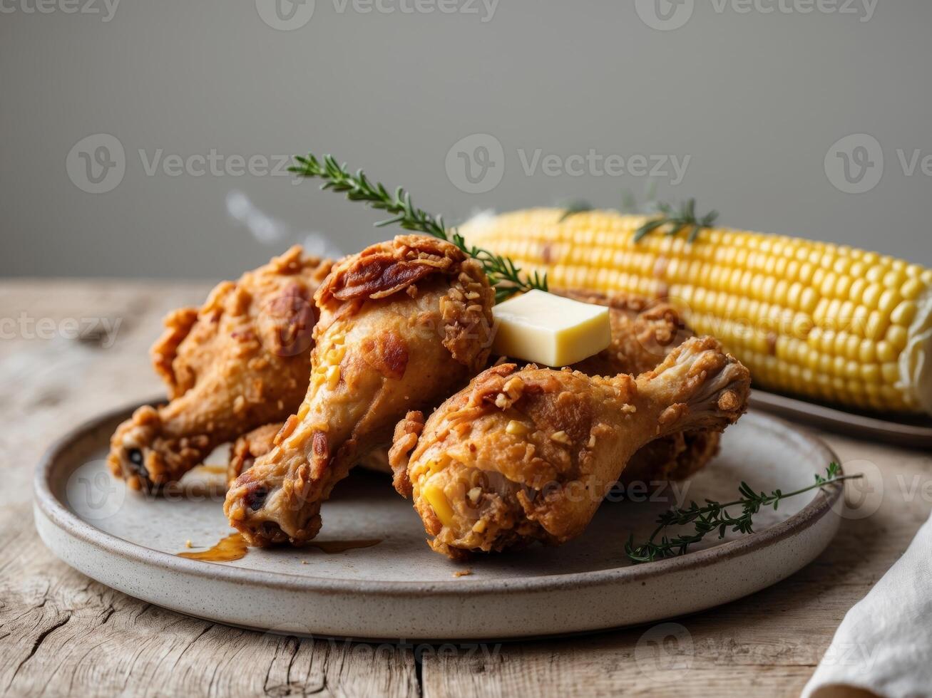Crispy fried chicken drumsticks served with corn on cob and herbsCrispy fried chicken drumsticks served with corn on cob and herbs. photo