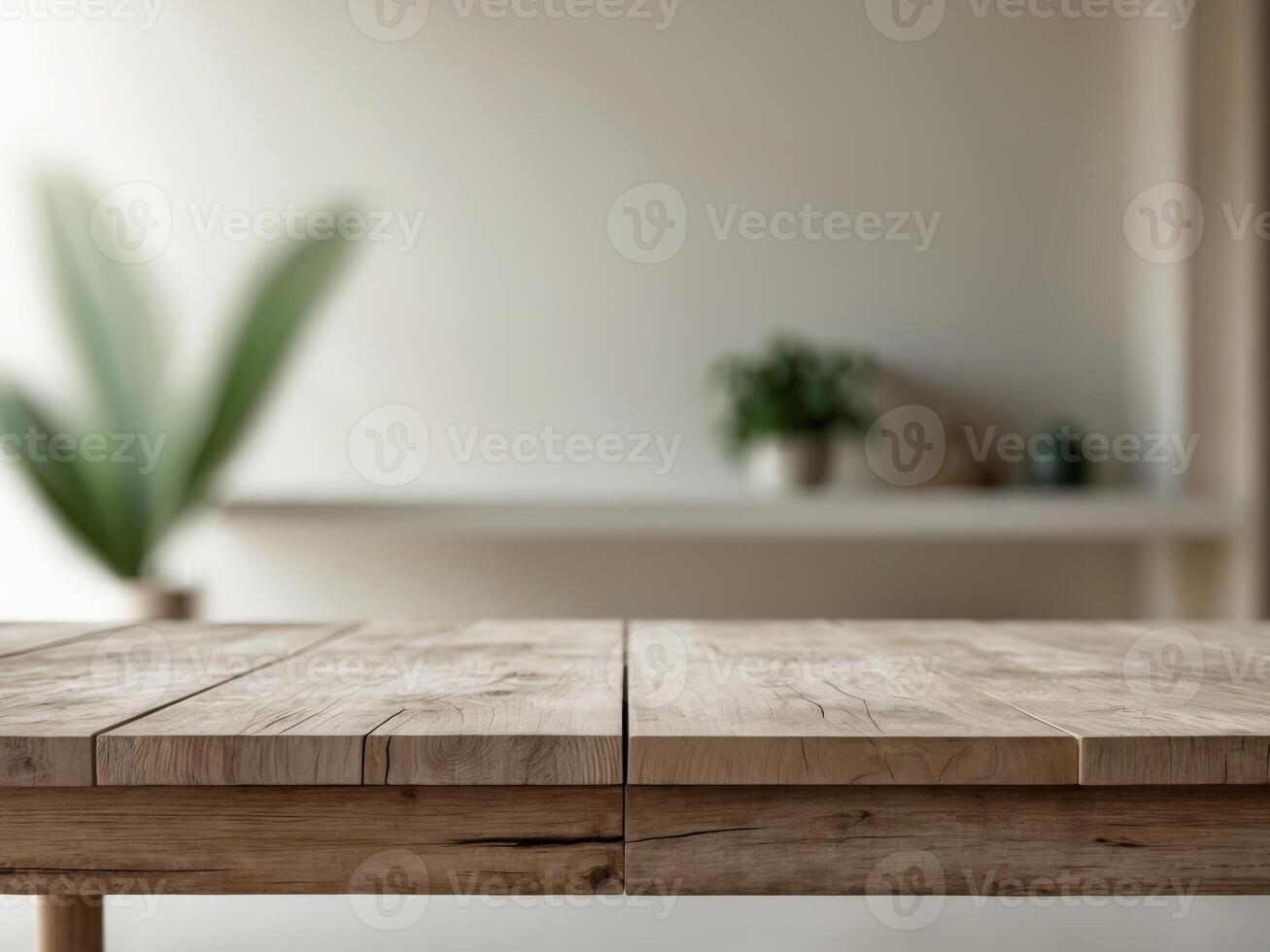 Wooden Table Surface with Blurred Background of Modern Interior Design Space photo