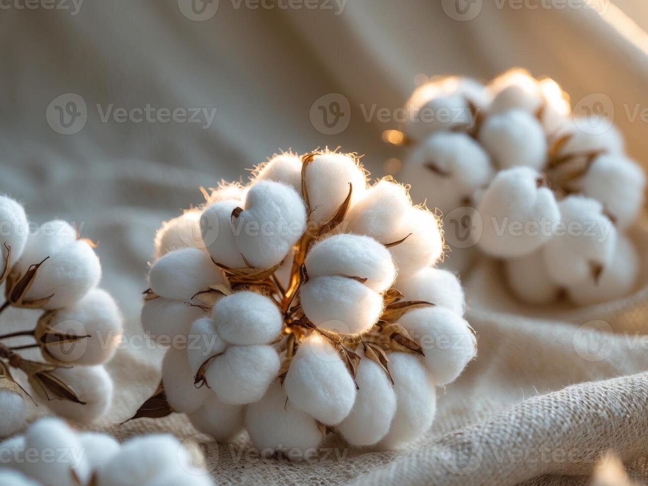 Soft Cotton Bolls Close Up with Warm Light and Natural Textures for Fabric Background photo